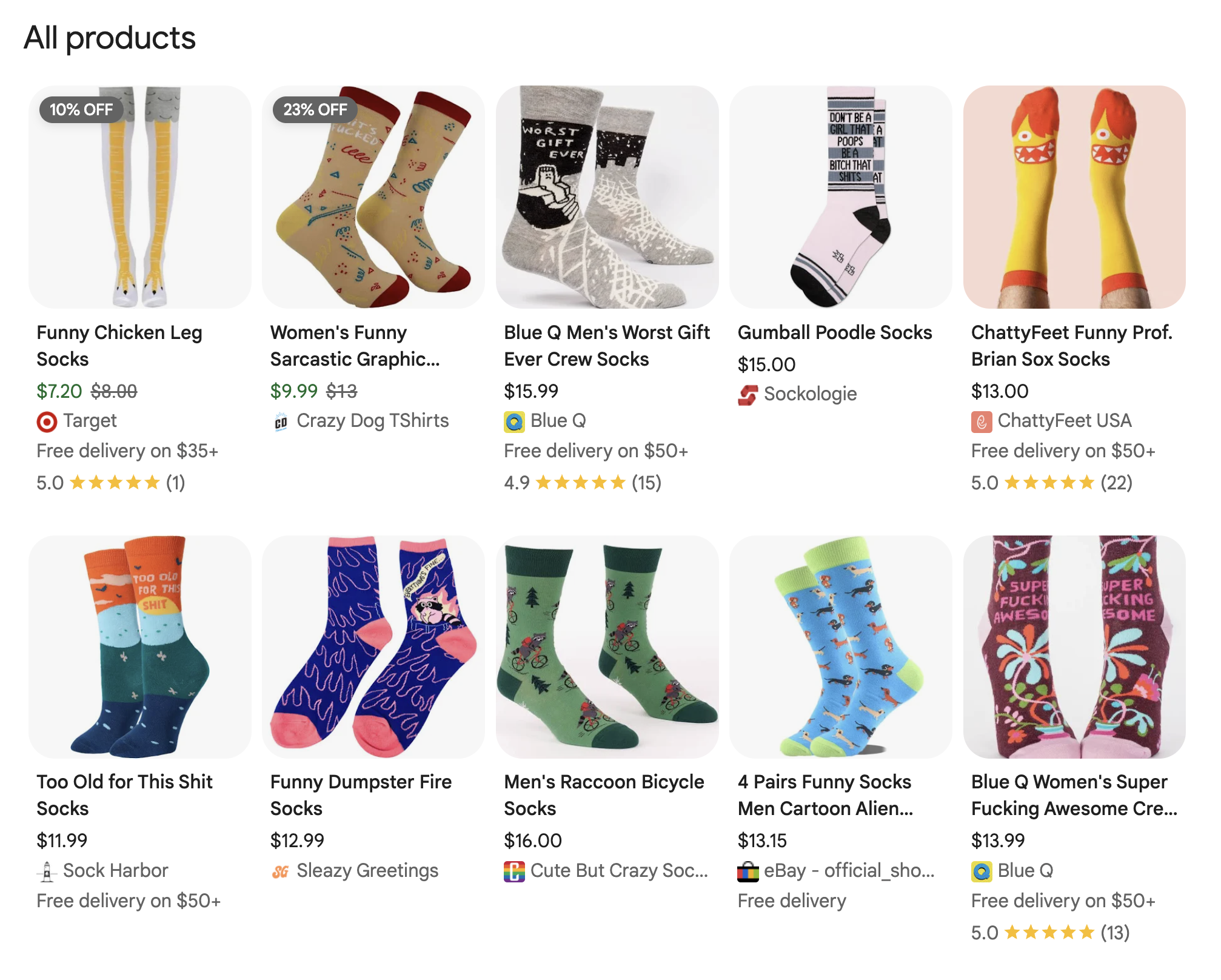 Google Shopping free product listings showing price, retailer, delivery information and star ratings for funny socks search query