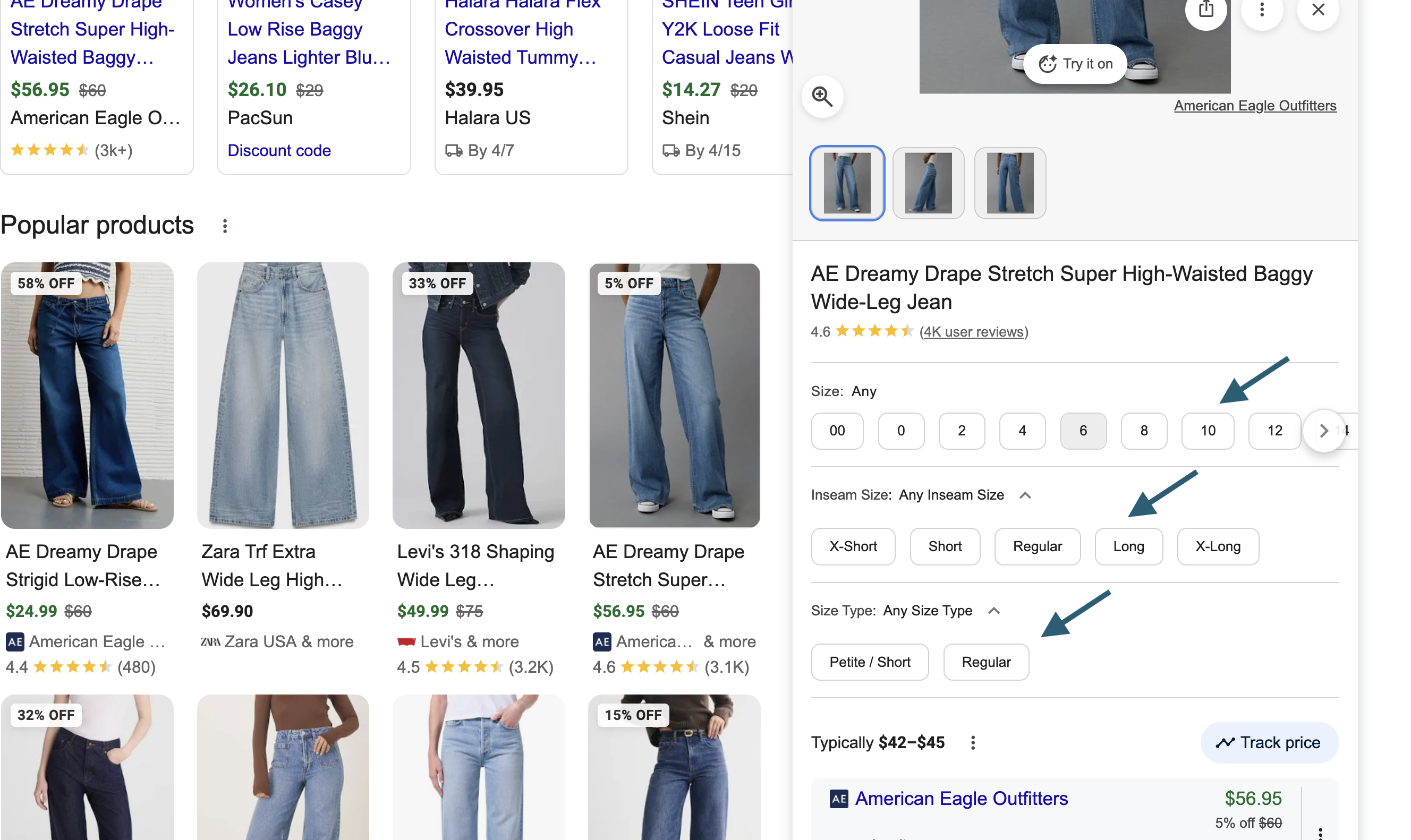 Google Shopping product panel showing size selector bubbles, inseam size options and size type variants for AE Dreamy Drape jeans, variant-level Shopping features enabled by ProductGroup with hasVariant schema markup