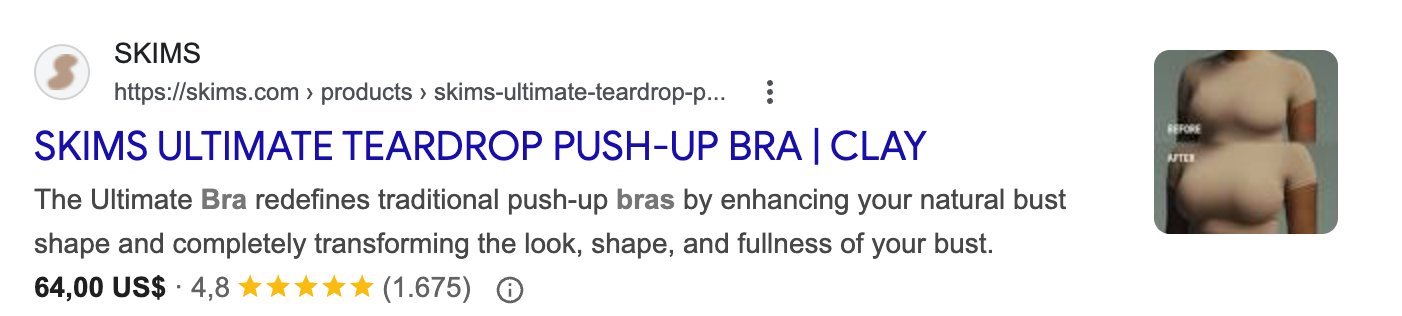 Google search result showing product rich result with price, rating and review count for SKIMS