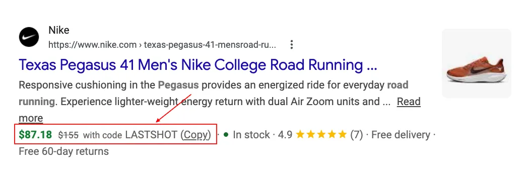 Google SERP showing a coupon code rich result for Nike — $87.18 with code LASTSHOT (Copy), alongside sale price from $155 (strikethrough), in stock, product rating and free delivery