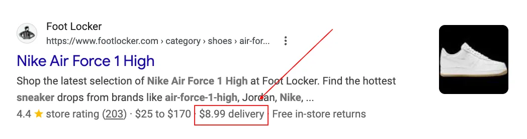 Google SERP showing a delivery price rich result for Foot Locker — $8.99 delivery on a Nike Air Force 1 category listing