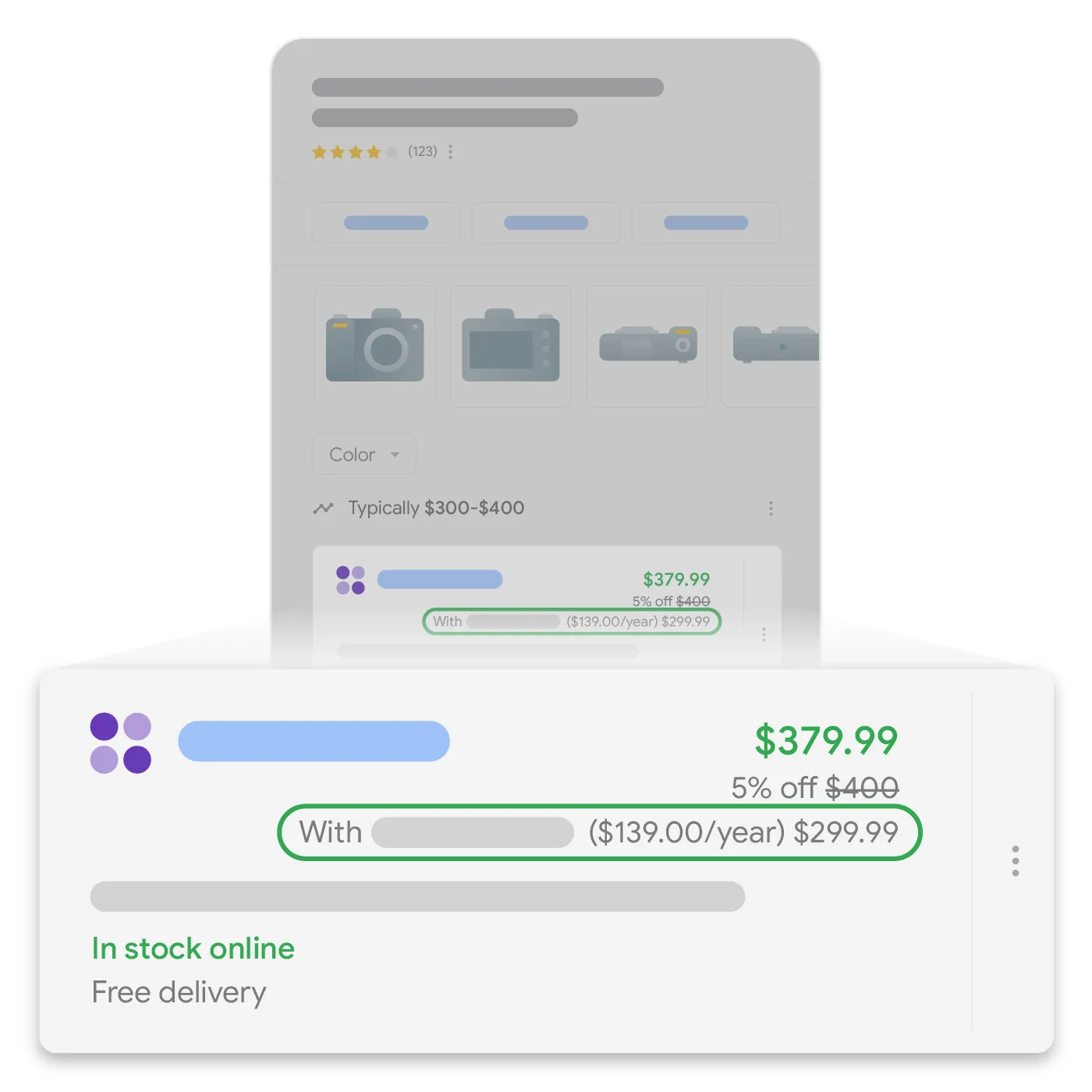 Google Shopping loyalty programme rich result showing member pricing — $299.99 with loyalty programme membership ($139/year) vs standard price of $379.99 (5% off $400)