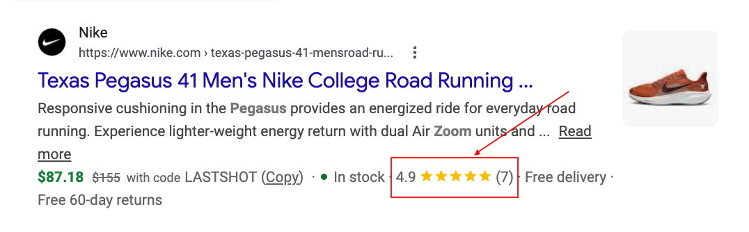 Google SERP showing a product-level rating for Nike Texas Pegasus 41 — 4.9 stars from 7 reviews on a product page