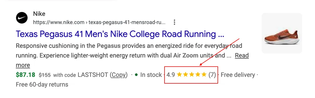 Google SERP showing a product-level rating for Nike Texas Pegasus 41 — 4.9 stars from 7 reviews on a product page