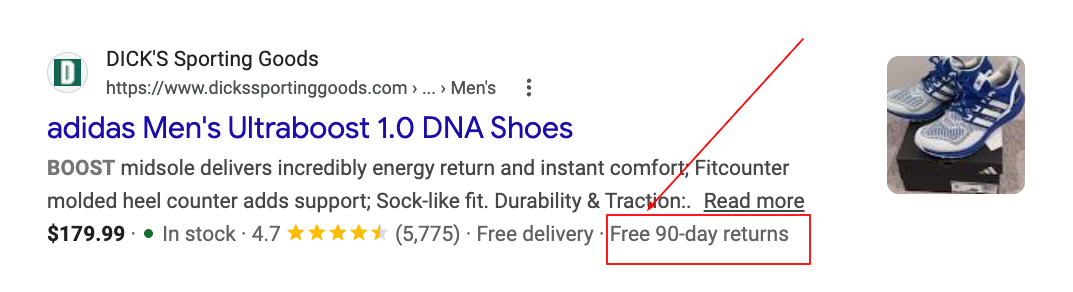 Google SERP showing a returns policy rich result — Free 90-day returns on a Dick's Sporting Goods product listing