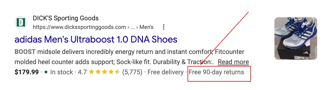 Google SERP showing a returns policy rich result — Free 90-day returns on a Dick's Sporting Goods product listing