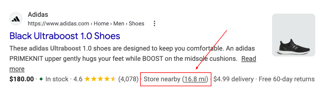 Google SERP showing an Adidas product rich result with store nearby annotation — Store nearby (16.8 mi)