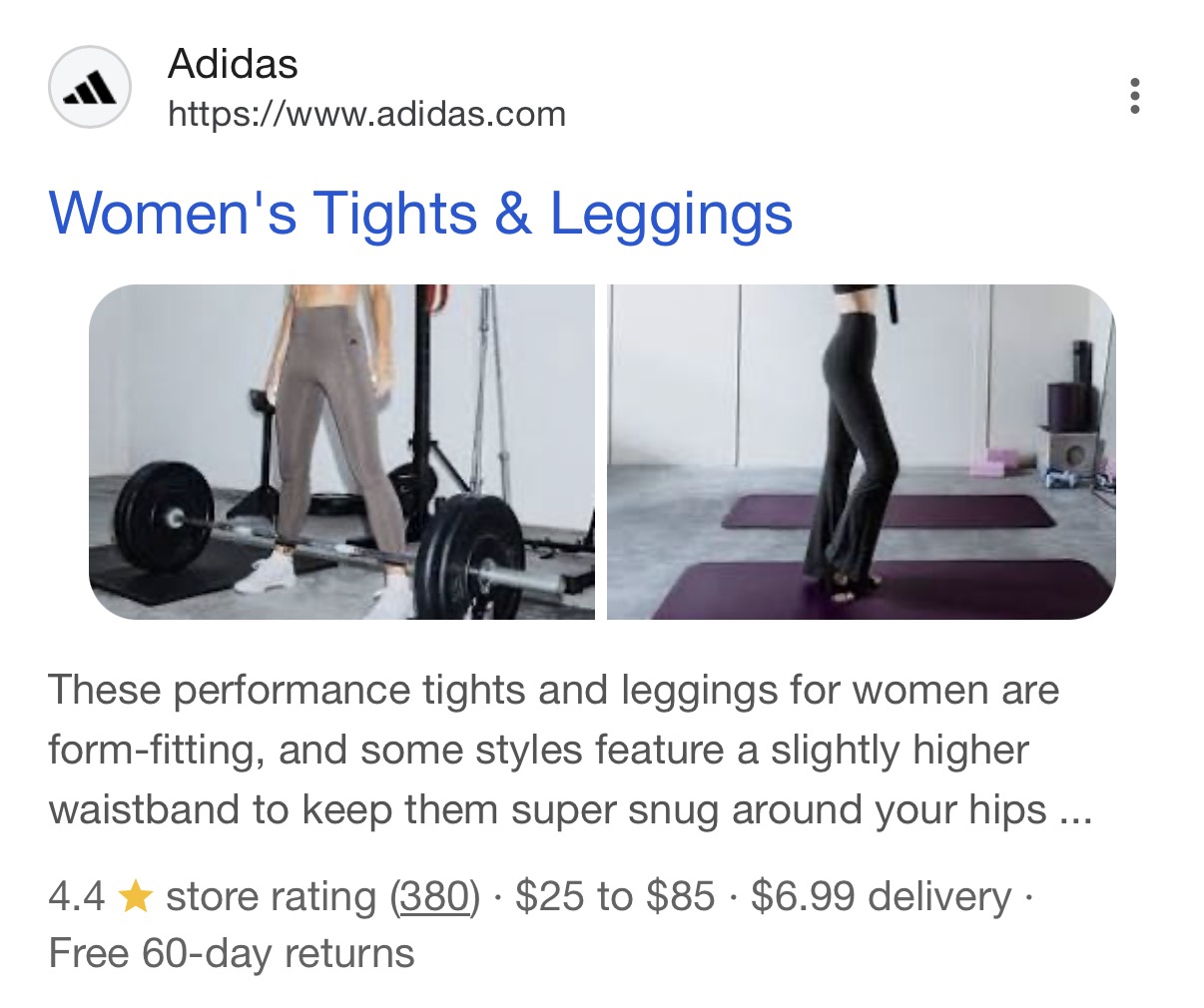 Google mobile SERP showing Adidas with 2-image multi-image thumbnail treatment for women's leggings