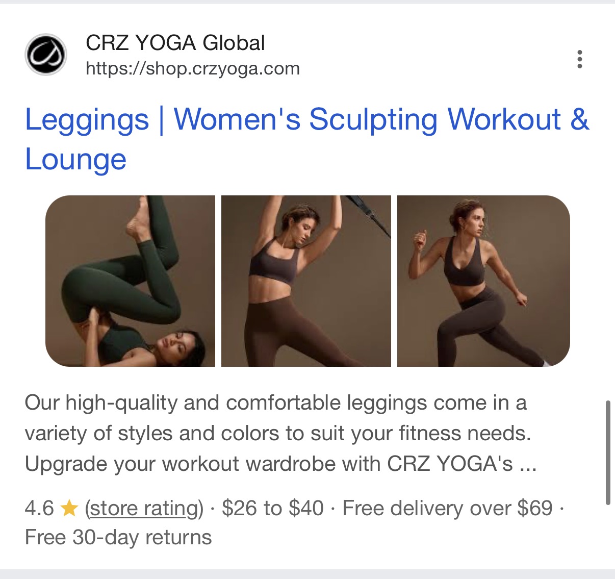 Google mobile SERP showing CRZ YOGA with 3-image multi-image thumbnail treatment for women's leggings
