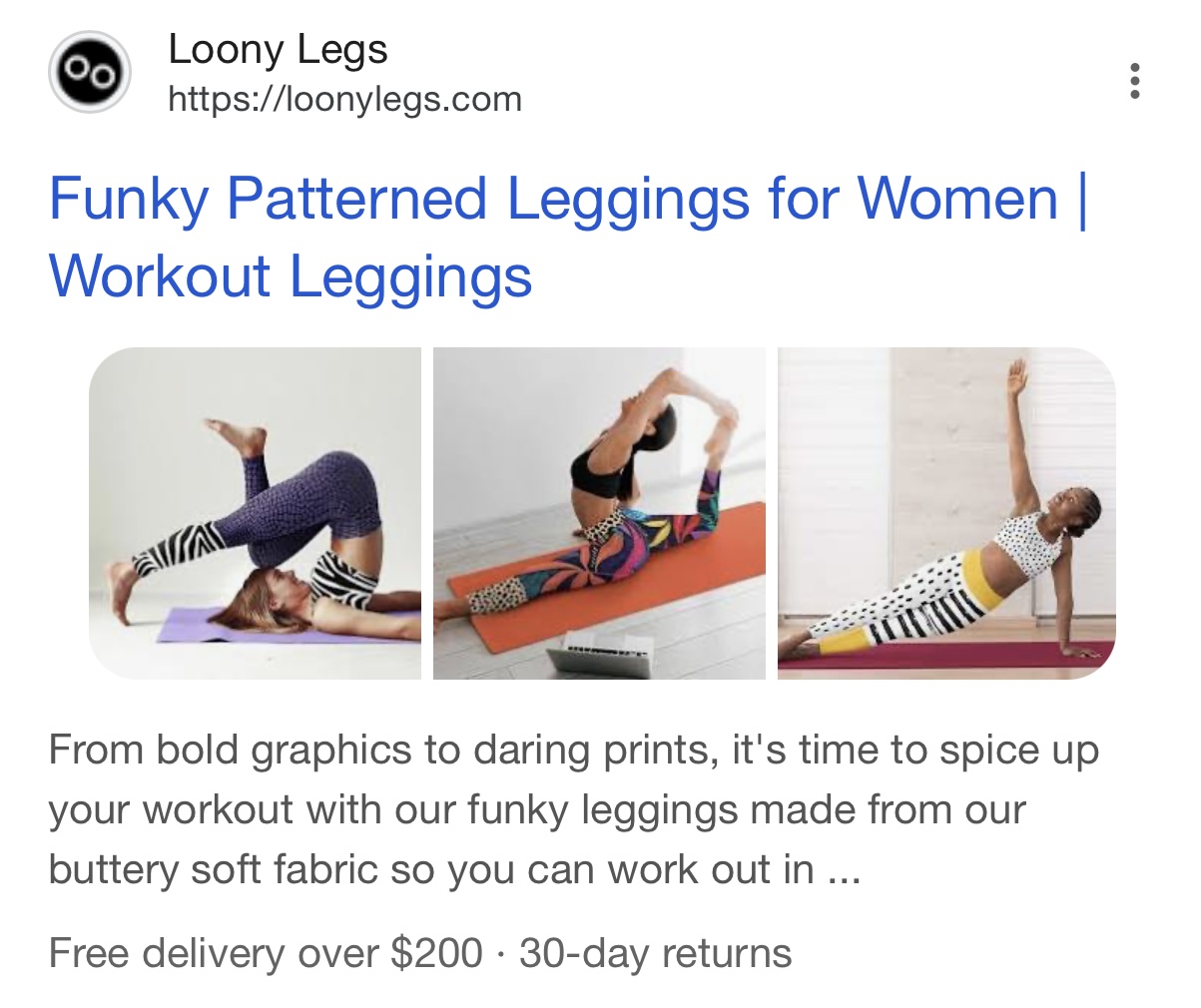 Google mobile SERP showing Loony Legs with 3-image multi-image thumbnail treatment for women's leggings