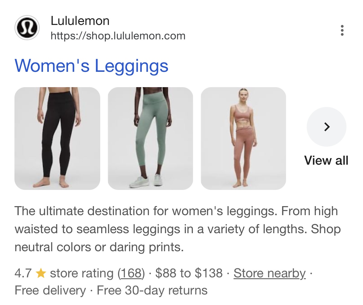 Google mobile SERP showing Lululemon with 3-image multi-image thumbnail treatment and View all button for women's leggings
