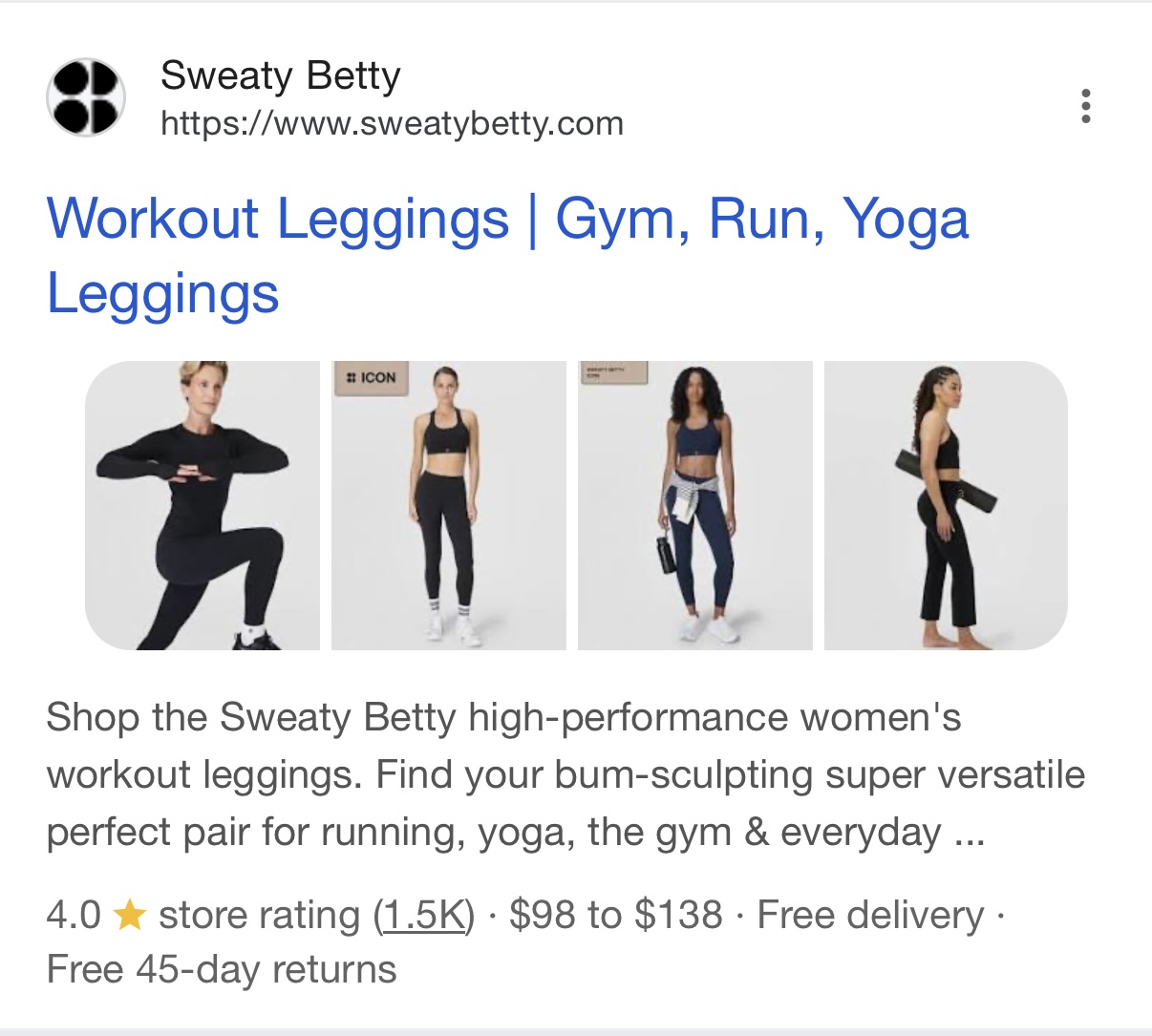 Google mobile SERP showing Sweaty Betty with 4-image multi-image thumbnail treatment for women's leggings