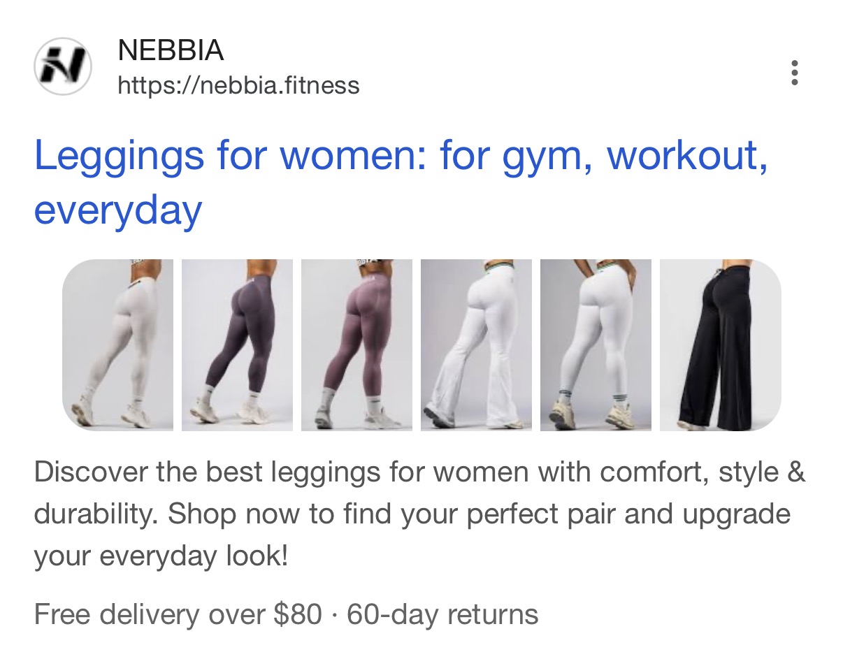 Google mobile SERP showing Nebbia with 6-image multi-image thumbnail treatment for women's leggings