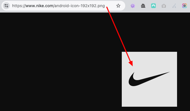 Nike android-icon-192x192.png opened directly in browser, showing a 192x192 pixel Nike swoosh logo