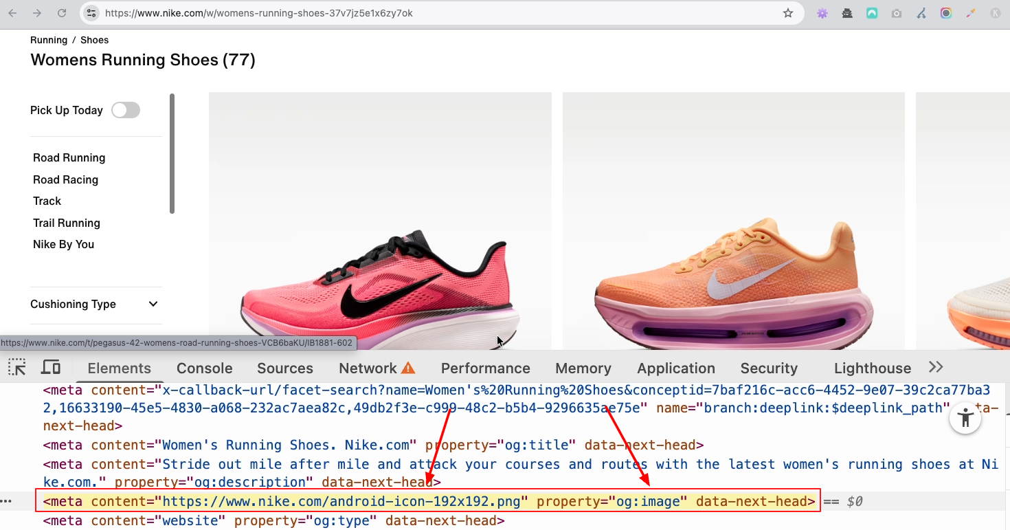 Nike Women's Running Shoes category page with Chrome DevTools open showing og:image meta tag set to android-icon-192x192.png instead of a product image