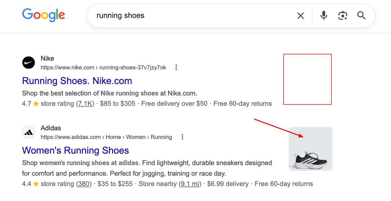 Google desktop SERP showing Nike result with no thumbnail and Adidas result below with a product image thumbnail