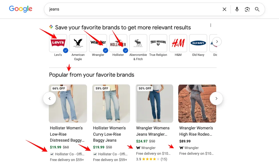 Google Search for 'jeans' showing the 'Save your favorite brands' widget and a 'Popular from your favorite brands' product carousel