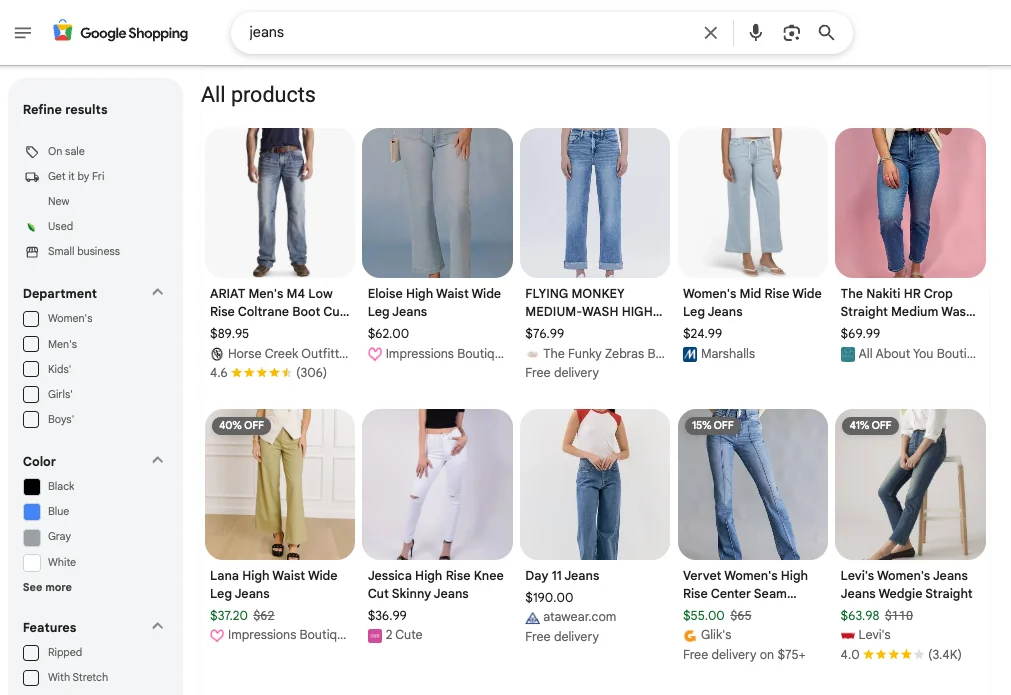 Google Shopping results for the query 'jeans' with no favourite brands saved, showing a generic mix of retailers