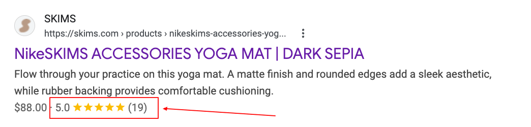 Organic Google search result for the NikeSKIMS Yoga Mat on SKIMS.com showing 5.0 stars from 19 reviews — from AggregateRating schema markup